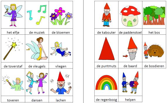 Woordkaartjes elfjes en kabouters kleur